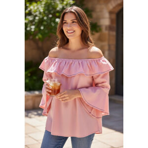 4551)V Cristina Pink Peasant Off Shoulder Ruffle Bell Sleeves Boho Blouse XL